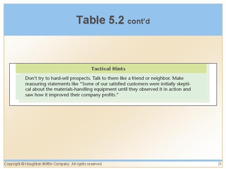 Table 5. 2 cont’d Copyright © Houghton Mifflin Company. All rights reserved. 21 