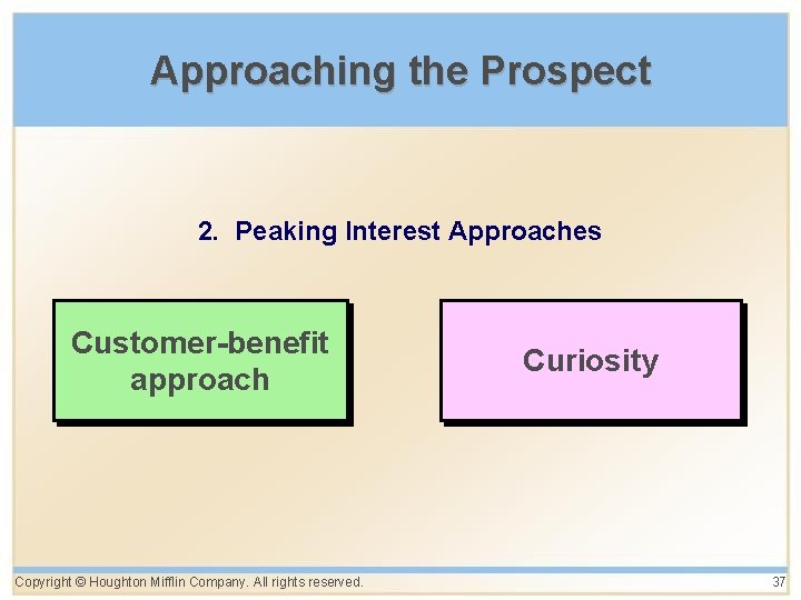 Approaching the Prospect 2. Peaking Interest Approaches Customer-benefit approach Copyright © Houghton Mifflin Company.