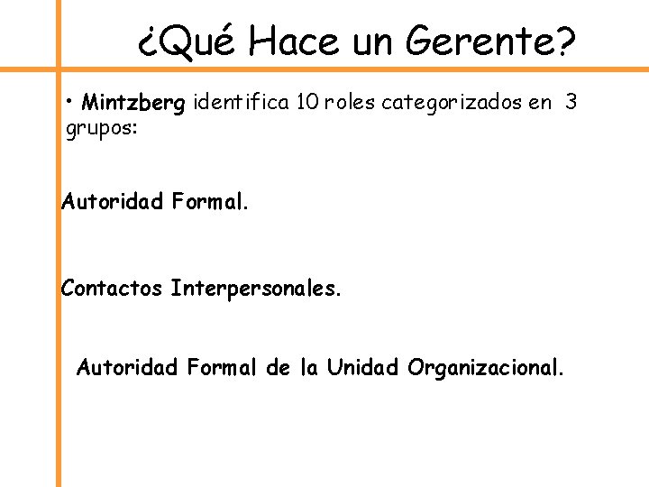 ¿Qué Hace un Gerente? • Mintzberg identifica 10 roles categorizados en 3 grupos: Autoridad