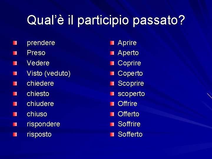 Qual’è il participio passato? prendere Preso Vedere Visto (veduto) chiedere chiesto chiudere chiuso rispondere