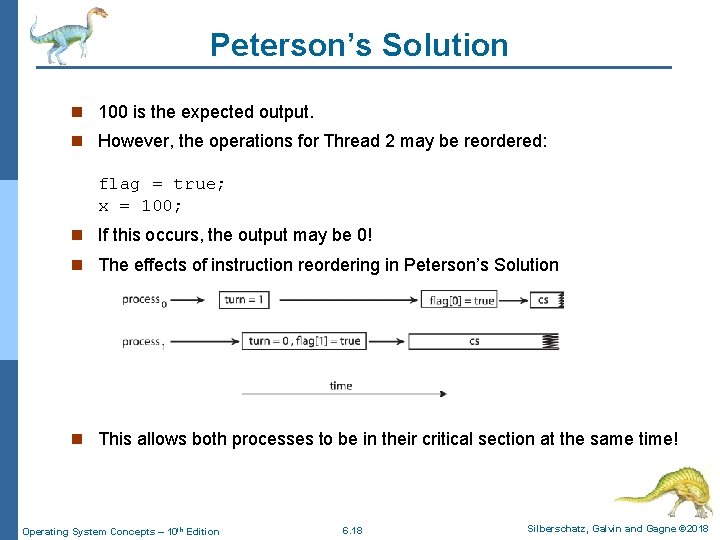 Peterson’s Solution n 100 is the expected output. n However, the operations for Thread