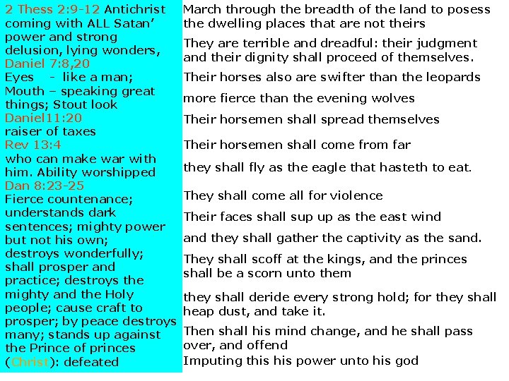 2 Thess 2: 9 -12 Antichrist Habakkuk 1: 6 -11 coming with ALL Satan’