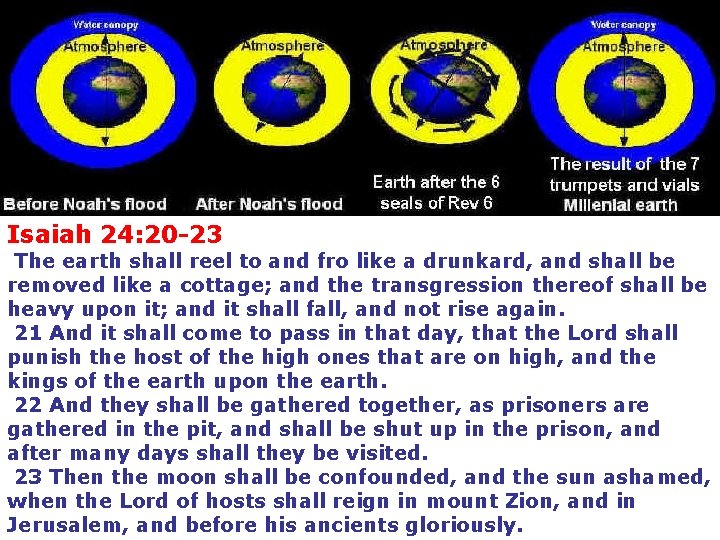 Isaiah 24: 20 -23 The earth shall reel to and fro like a drunkard,