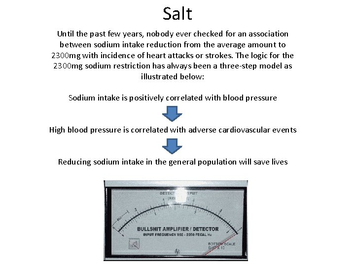 Salt Until the past few years, nobody ever checked for an association between sodium