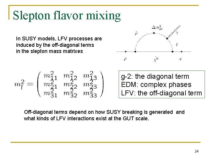 Slepton flavor mixing In SUSY models, LFV processes are induced by the off-diagonal terms