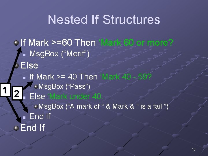 Nested If Structures If Mark >=60 Then ‘Mark 60 or more? n Msg. Box