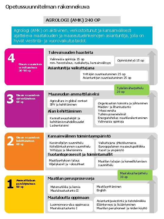 Opetussuunnitelman rakennekuva AGROLOGI (AMK) 240 OP Agrologi (AMK) on aktiivinen, verkostoitunut ja kansainvälisesti ajatteleva