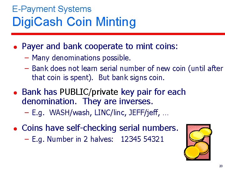 E-Payment Systems Digi. Cash Coin Minting l Payer and bank cooperate to mint coins: