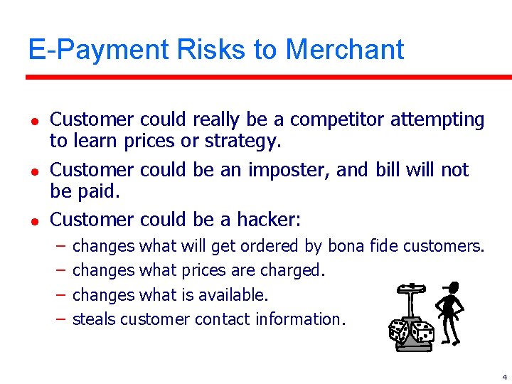 E-Payment Risks to Merchant l l l Customer could really be a competitor attempting