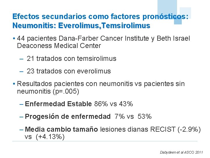 Efectos secundarios como factores pronósticos: Neumonitis: Everolimus, Temsirolimus • 44 pacientes Dana-Farber Cancer Institute