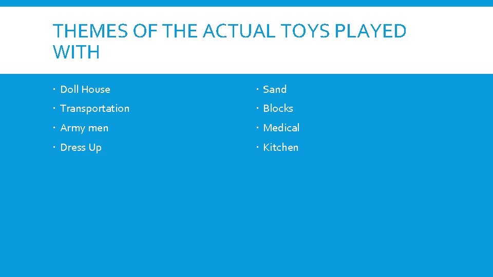 THEMES OF THE ACTUAL TOYS PLAYED WITH Doll House Sand Transportation Blocks Army men