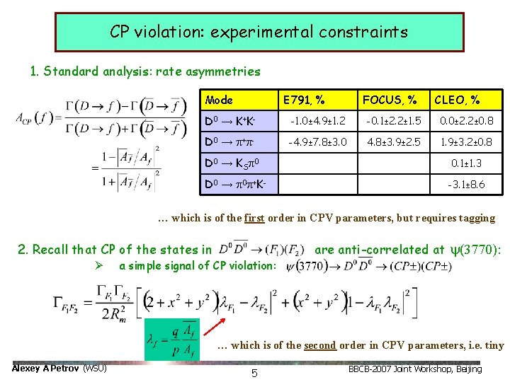 CP violation: experimental constraints 1. Standard analysis: rate asymmetries Mode E 791, % FOCUS,
