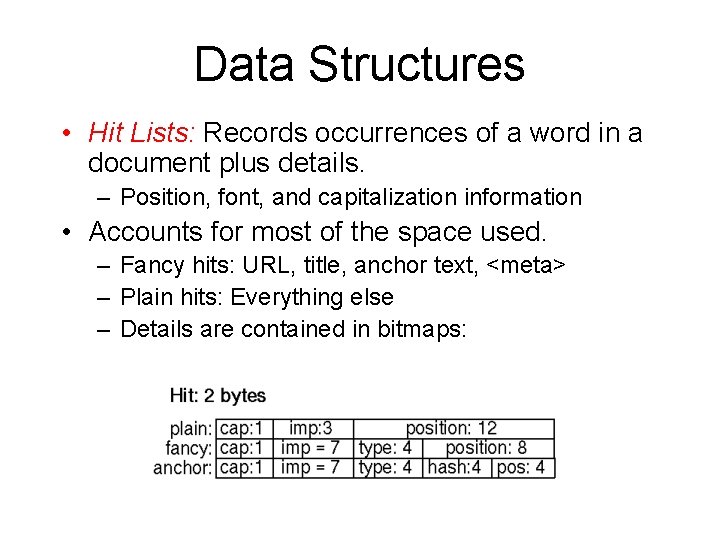 Data Structures • Hit Lists: Records occurrences of a word in a document plus