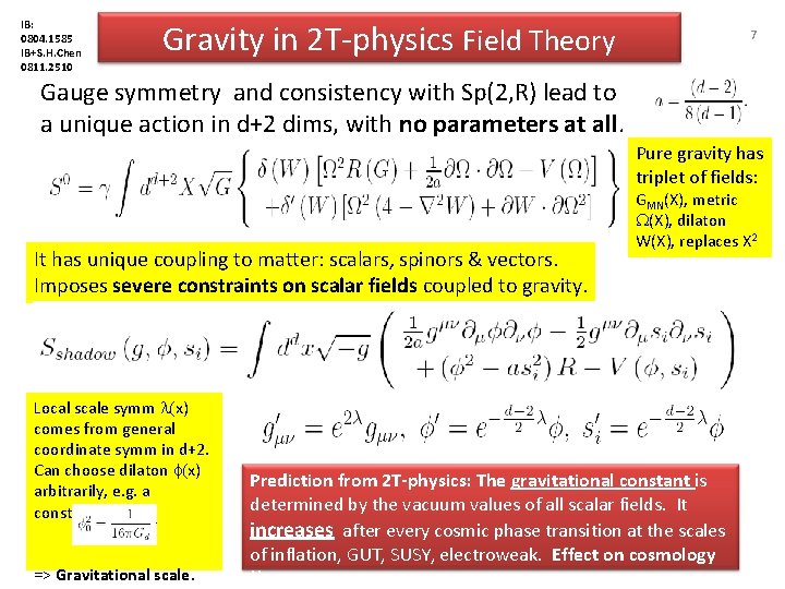 IB: 0804. 1585 IB+S. H. Chen 0811. 2510 Gravity in 2 T-physics Field Theory