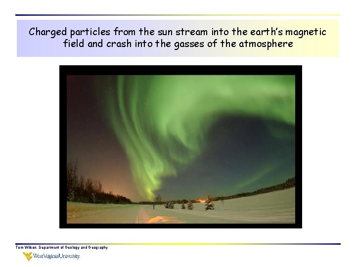 Charged particles from the sun stream into the earth’s magnetic field and crash into