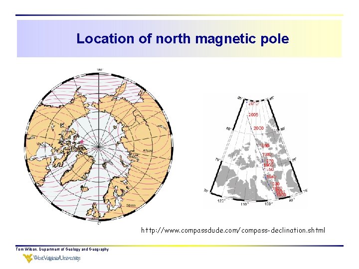 Location of north magnetic pole http: //www. compassdude. com/compass-declination. shtml Tom Wilson, Department of