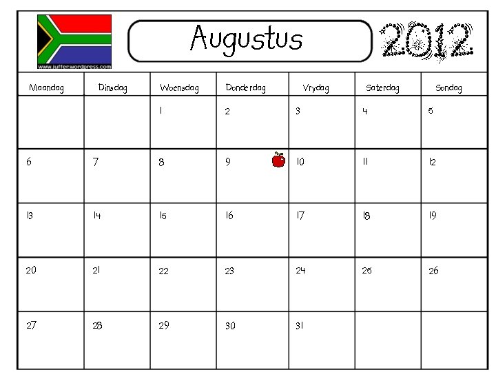 Augustus Maandag Dinsdag 2012 Woensdag Donderdag Vrydag Saterdag Sondag 1 2 3 4 5