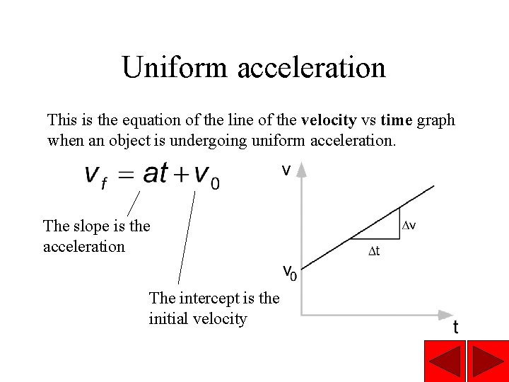 Uniform acceleration This is the equation of the line of the velocity vs time