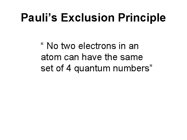 Pauli’s Exclusion Principle “ No two electrons in an atom can have the same