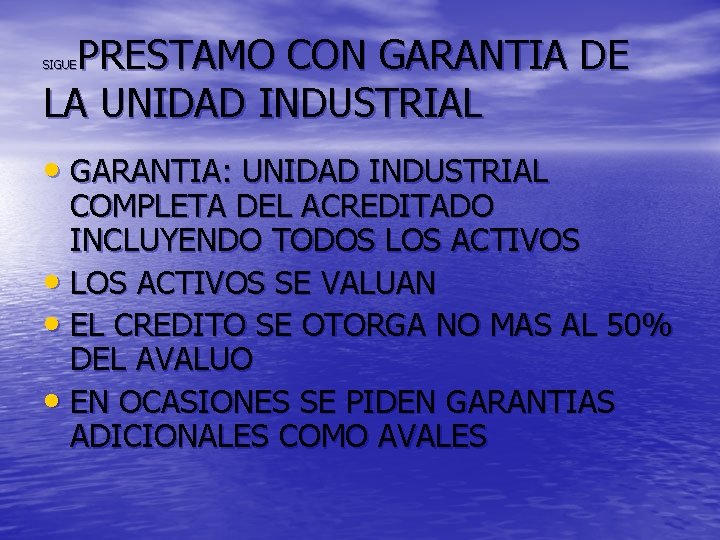 PRESTAMO CON GARANTIA DE LA UNIDAD INDUSTRIAL SIGUE • GARANTIA: UNIDAD INDUSTRIAL COMPLETA DEL