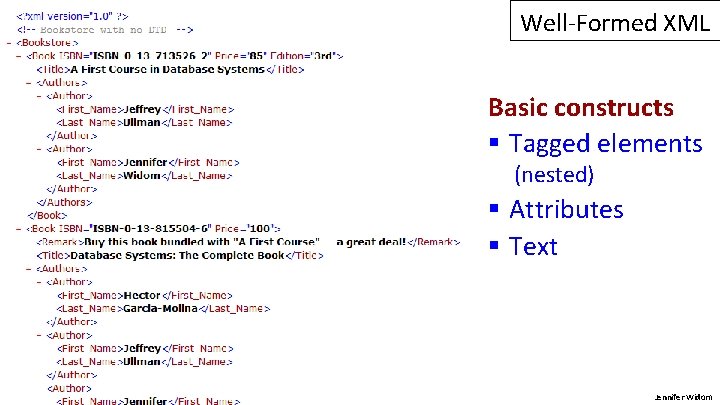 Well-Formed XML Basic constructs § Tagged elements (nested) § Attributes § Text Jennifer Widom