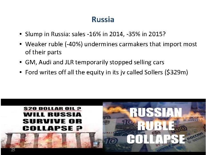 Russia • Slump in Russia: sales -16% in 2014, -35% in 2015? • Weaker