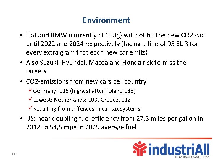 Environment • Fiat and BMW (currently at 133 g) will not hit the new