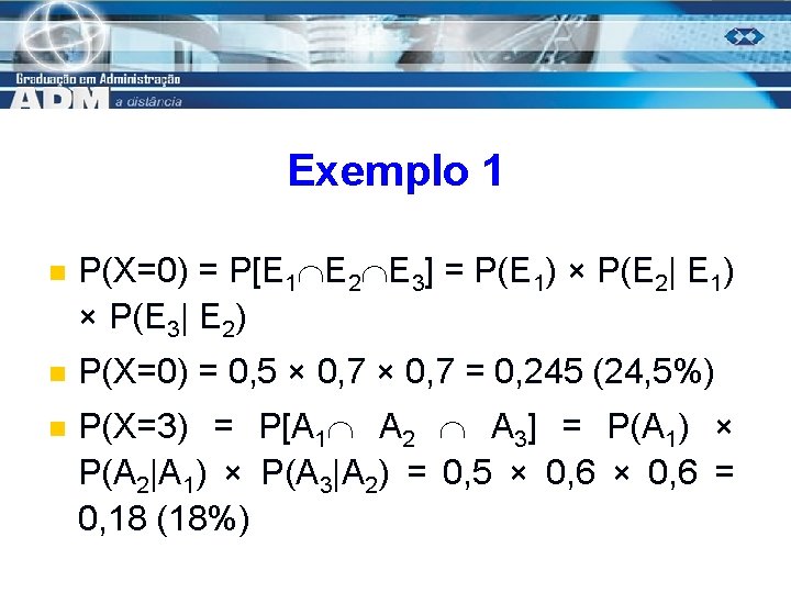 Exemplo 1 n n n P(X=0) = P[E 1 E 2 E 3] =