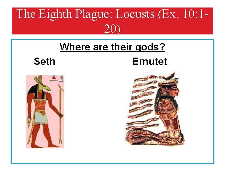 The Eighth Plague: Locusts (Ex. 10: 120) Where are their gods? Seth Ernutet 