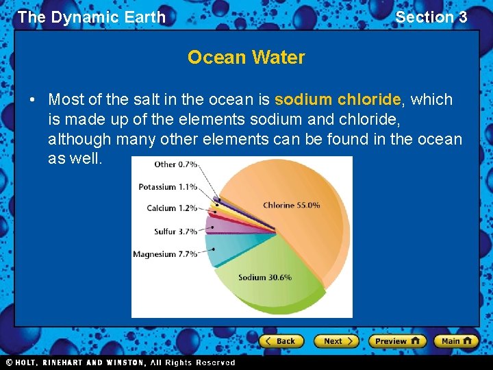 The Dynamic Earth Section 3 Ocean Water • Most of the salt in the