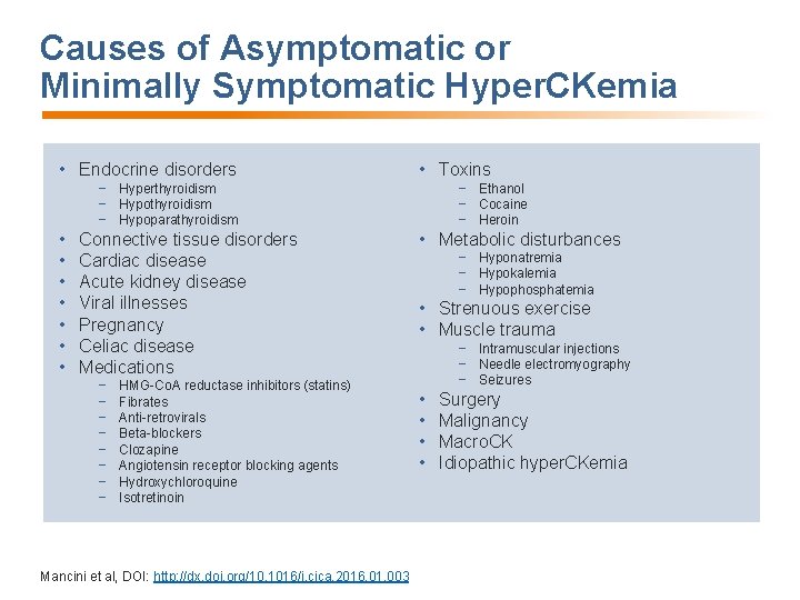 Causes of Asymptomatic or Minimally Symptomatic Hyper. CKemia • Endocrine disorders • Toxins −