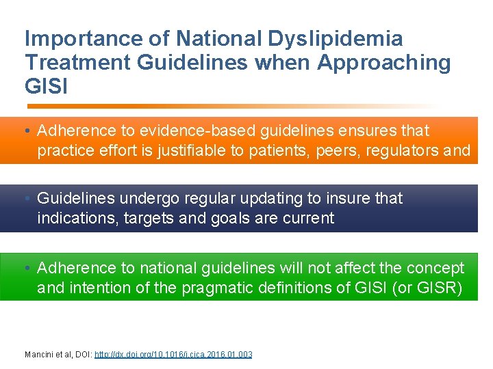 Importance of National Dyslipidemia Treatment Guidelines when Approaching GISI • Adherence to evidence-based guidelines