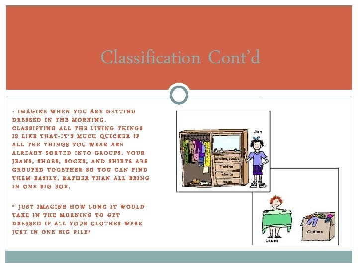 Classification Cont’d IMAGINE WHEN YOU ARE GETTING DRESSED IN THE MORNING. CLASSIFYING ALL THE