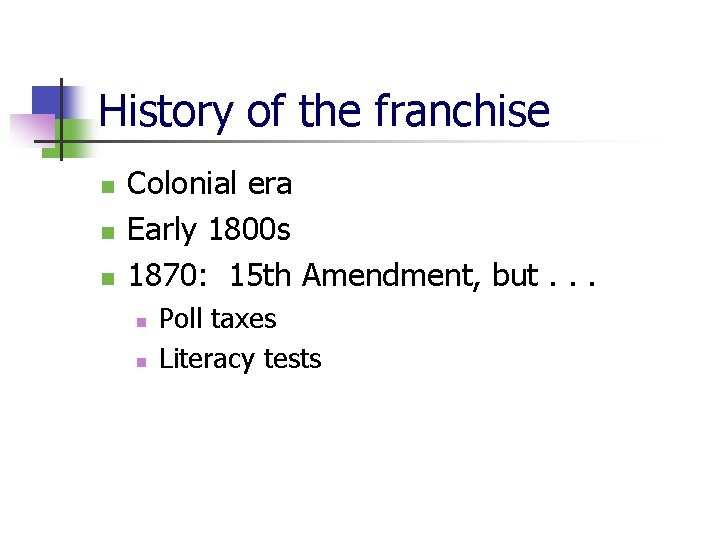 History of the franchise n n n Colonial era Early 1800 s 1870: 15