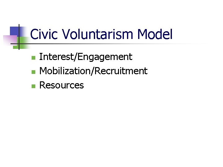 Civic Voluntarism Model n n n Interest/Engagement Mobilization/Recruitment Resources 