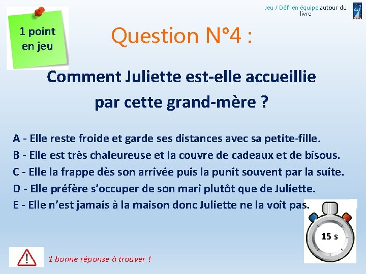 Jeu / Défi en équipe autour du livre 1 point en jeu Question N°