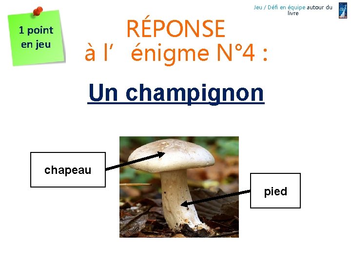 Jeu / Défi en équipe autour du livre 1 point en jeu RÉPONSE à