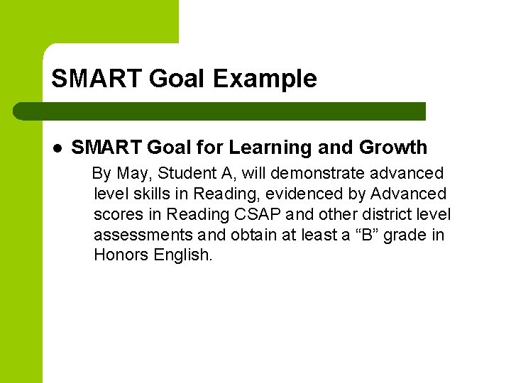 SMART Goal Example l SMART Goal for Learning and Growth By May, Student A,