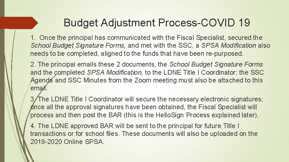 Budget Adjustment Process-COVID 19 1. Once the principal has communicated with the Fiscal Specialist,
