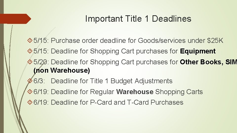 Important Title 1 Deadlines 5/15: Purchase order deadline for Goods/services under $25 K 5/15: