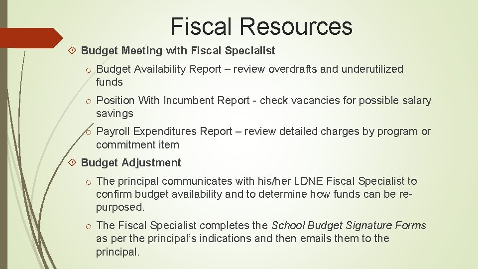Fiscal Resources Budget Meeting with Fiscal Specialist o Budget Availability Report – review overdrafts