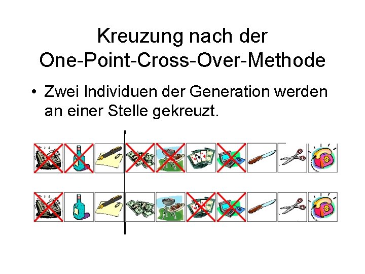 Kreuzung nach der One-Point-Cross-Over-Methode • Zwei Individuen der Generation werden an einer Stelle gekreuzt.