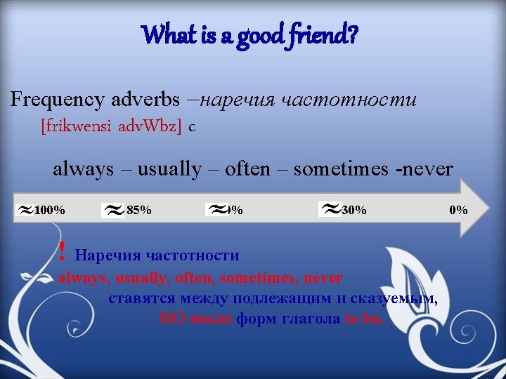 What is a good friend? Frequency adverbs –наречия частотности [frikwensi adv. Wbz] c always