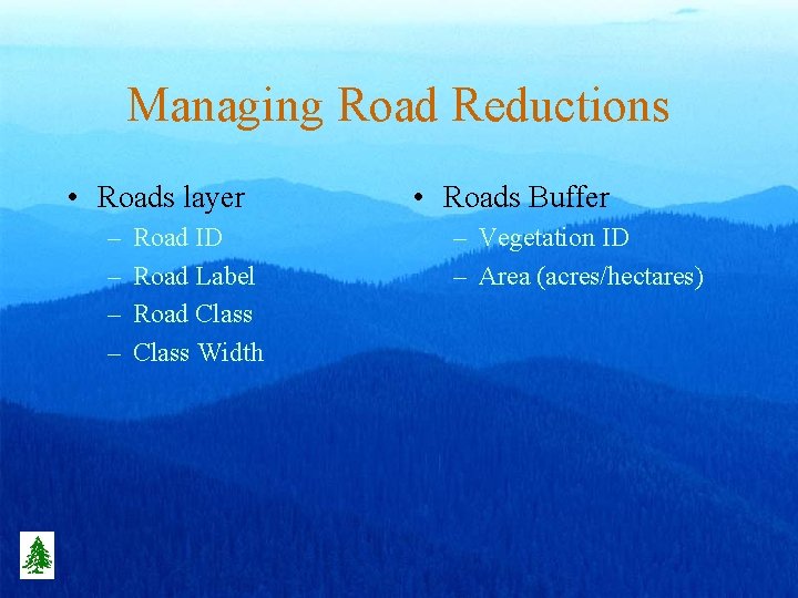 Managing Road Reductions • Roads layer – – Road ID Road Label Road Class