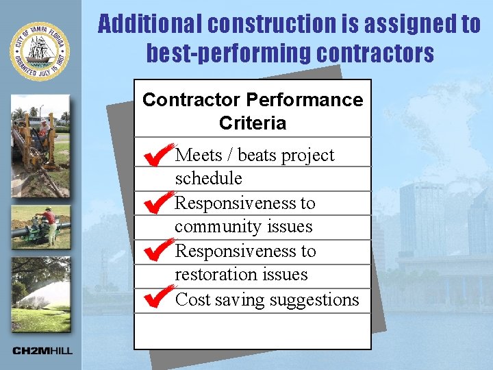 Additional construction is assigned to best-performing contractors Contractor Performance Criteria Meets / beats project