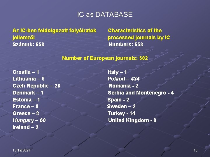 IC as DATABASE Az IC-ben feldolgozott folyóiratok jellemzői Számuk: 658 Characteristics of the processed