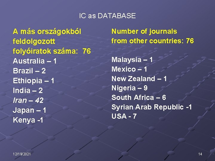 IC as DATABASE A más országokból feldolgozott folyóiratok száma: 76 Australia – 1 Brazil