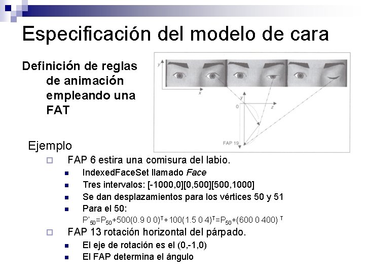 Especificación del modelo de cara Definición de reglas de animación empleando una FAT Ejemplo