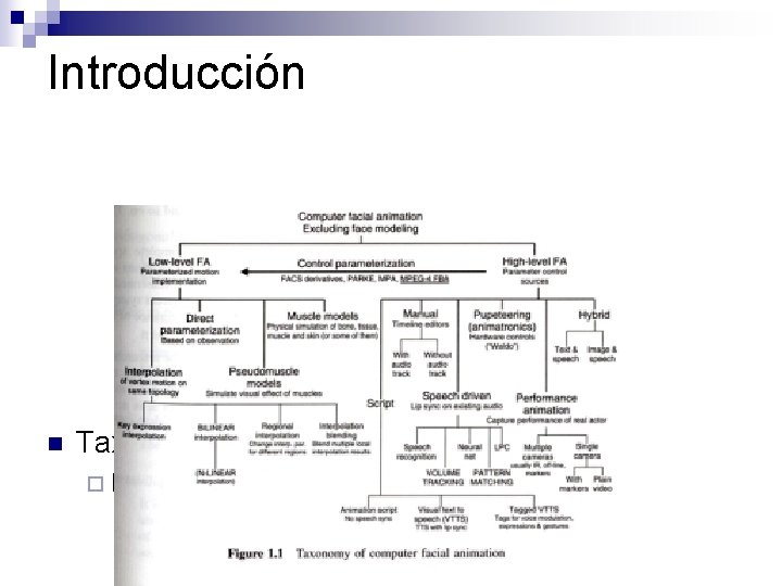 Introducción n Taxonomía de Facial Animation ¨ High-level utiliza los parámetros low-level. 