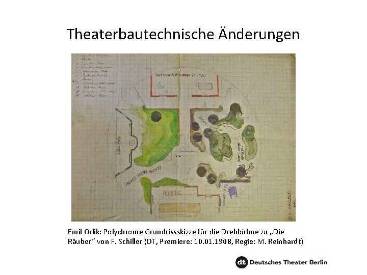 Theaterbautechnische Änderungen Emil Orlik: Polychrome Grundrissskizze für die Drehbühne zu „Die Räuber“ von F.